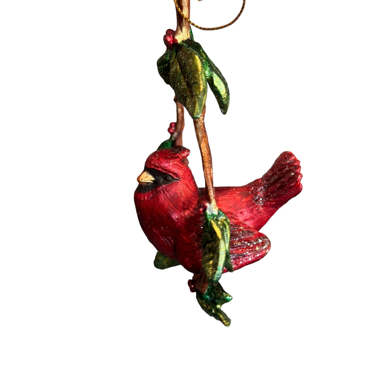 Vintage Faux Swing of Twine & Leaves Cardinal Bird Perched Christmas Ornament