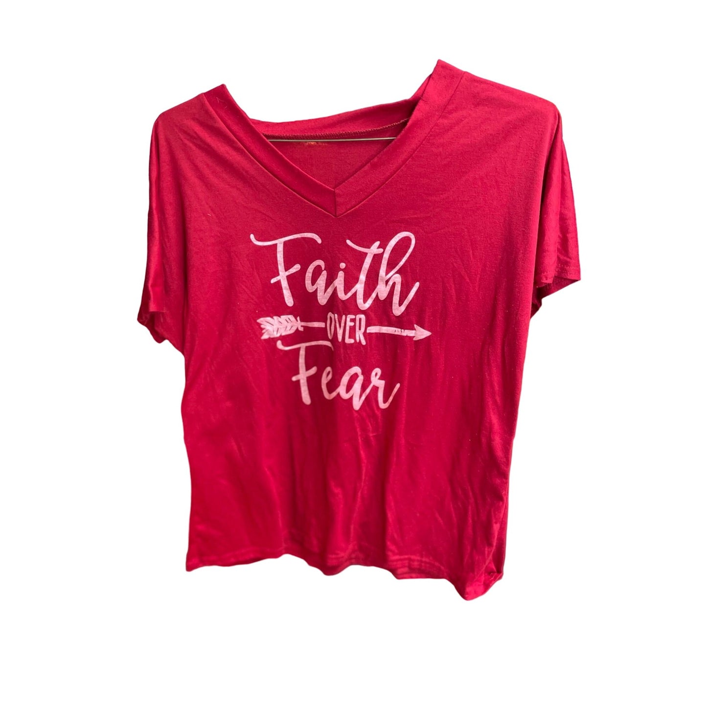 Womens Pullover Faith Over Fear Short Sleeve V-neck Basic Tee-Shirt Pink