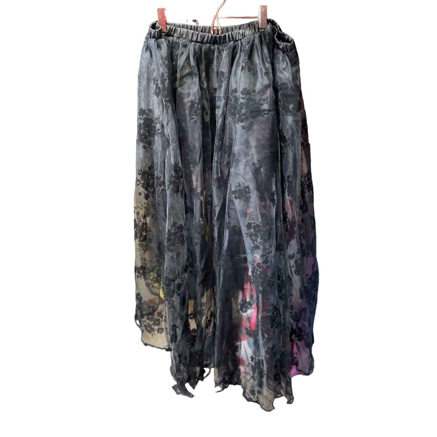 Womens Lined Long Skirt Gothic Hi-Low Mesh Skirt Black Floral Size 6XL