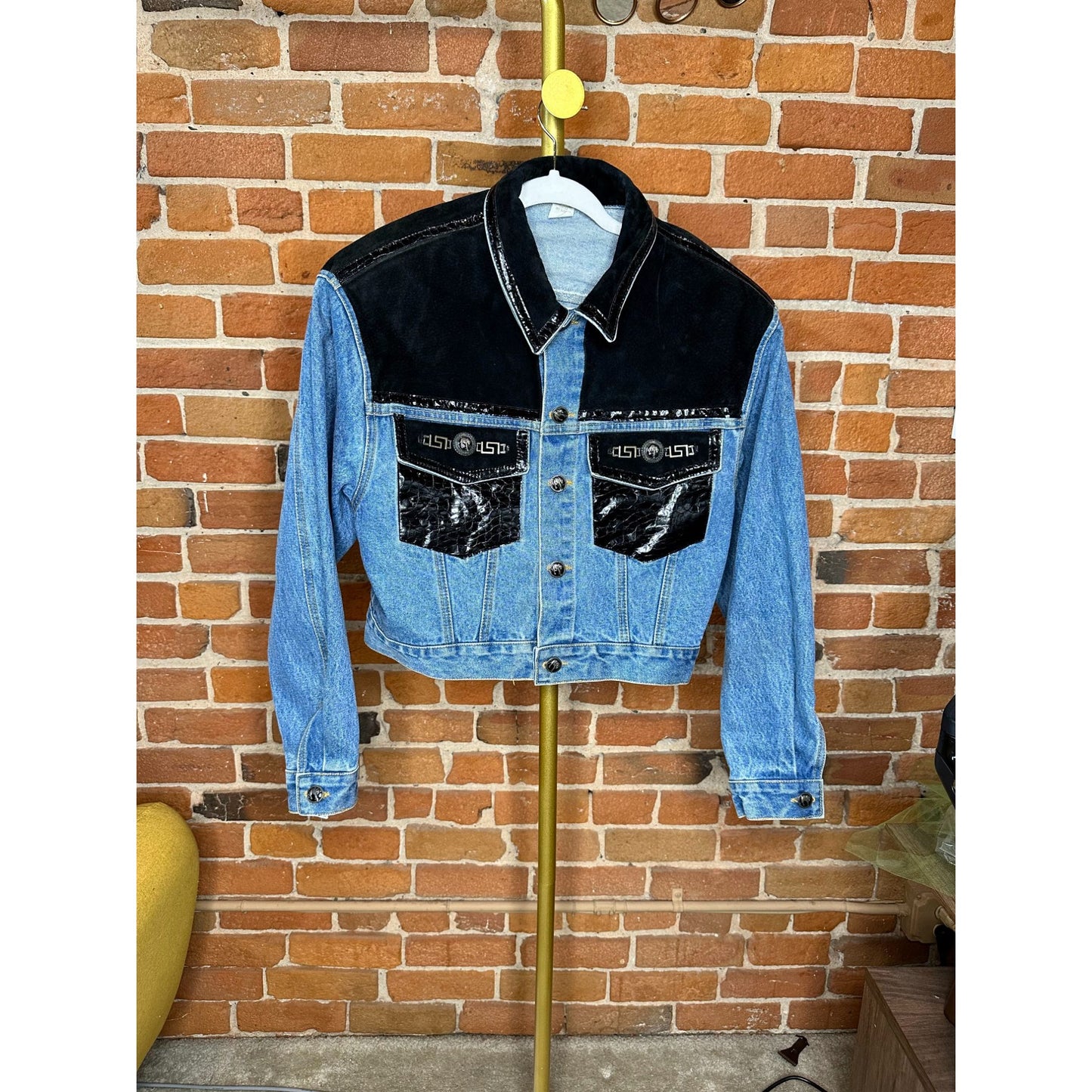 Vintage 90s Caché Women's Jean Cropped Denim Jacket with Black Leather Rare M