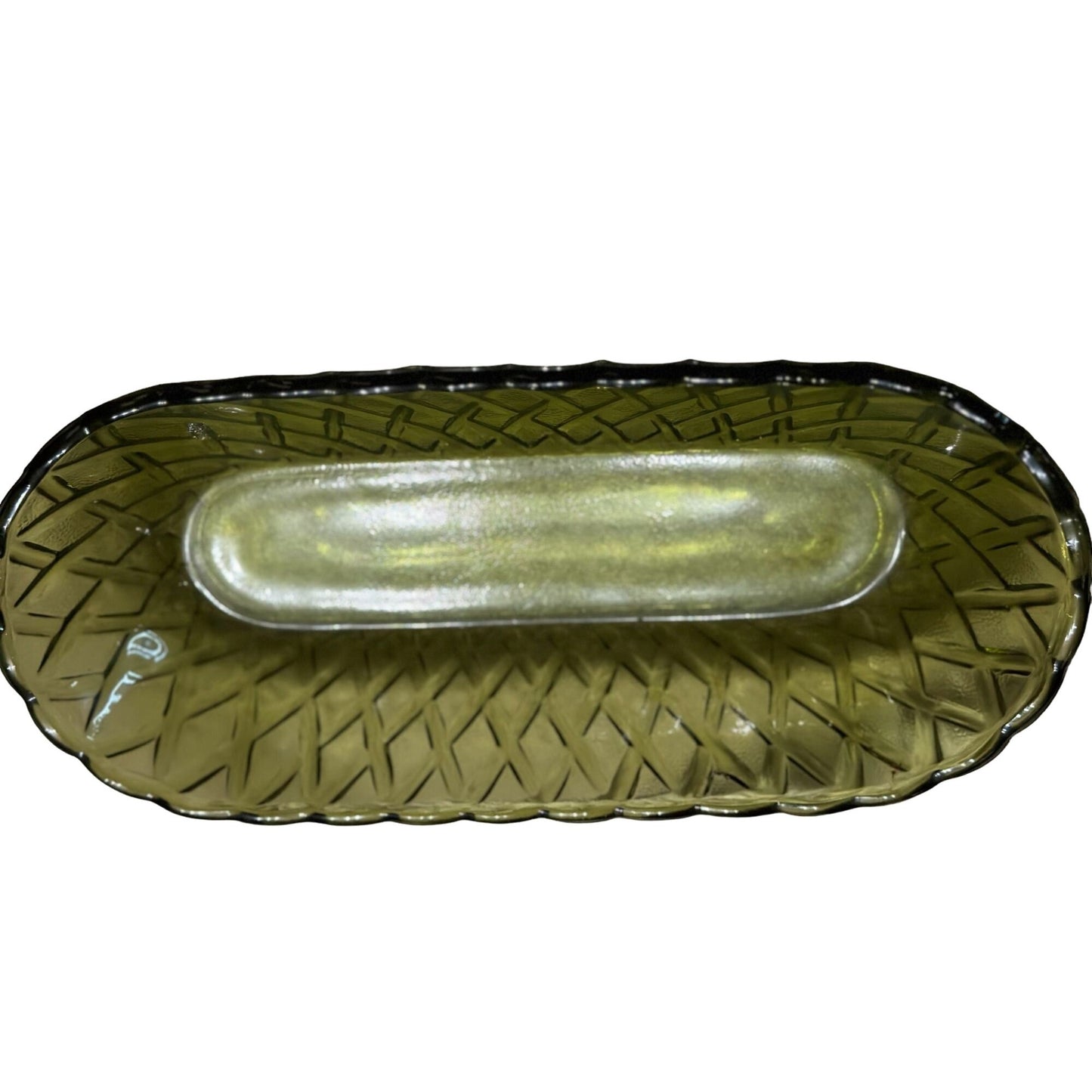 Vintage Indiana Glass Oblong Serving Celery Dish/Tray Avocado Green 1960