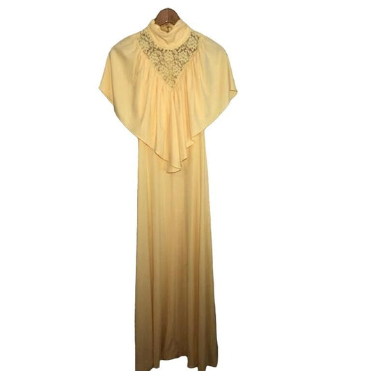 Vintage 1970s Womens High Neck Capelet Formal Maxi Dress Size Small Yellow