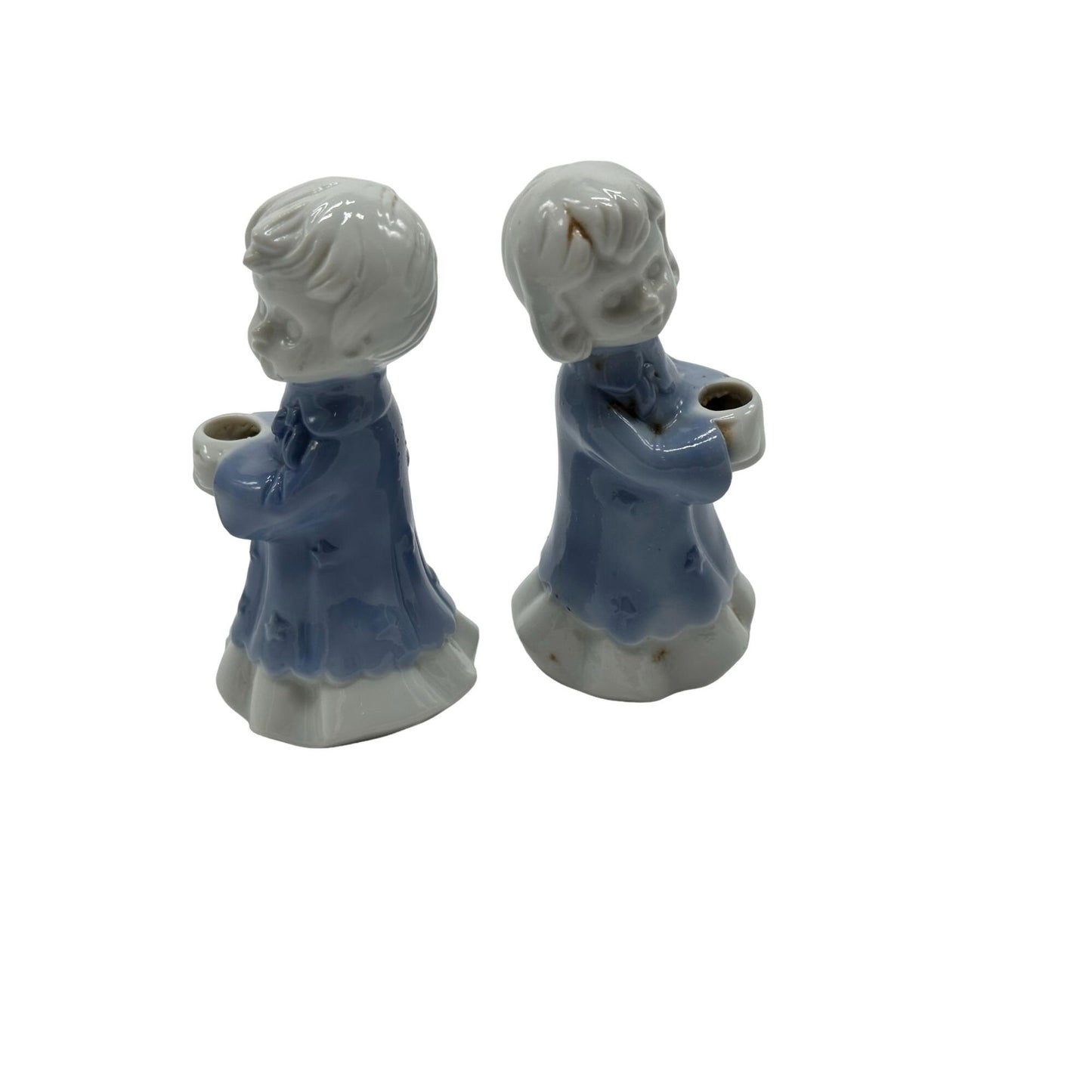 Vintage Blue & White Porcelain Choir Boy & Girl Candle Stick Holders 1980 4"x2"