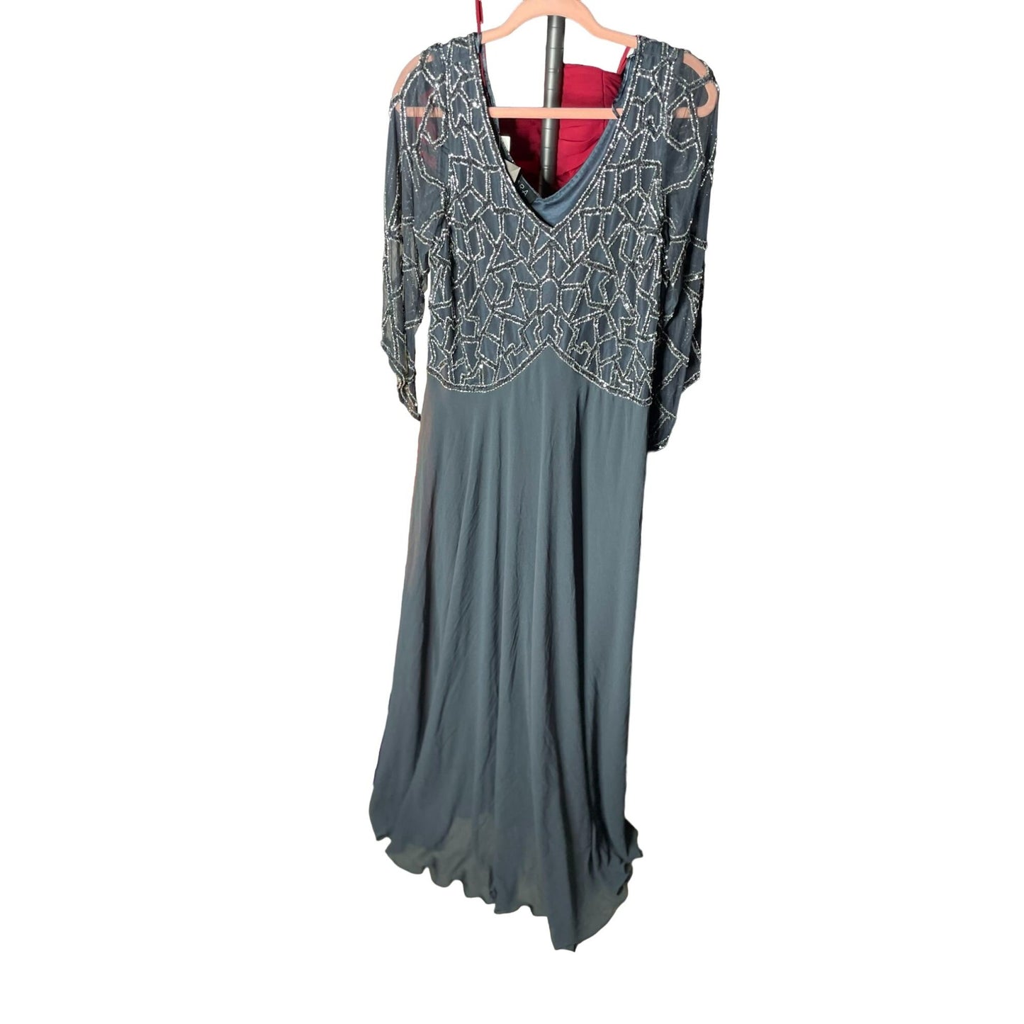 J Kara Womens Plus Size 3/4 Sleeve Embellished V-neck Chiffon Dress Gray Sz 16W