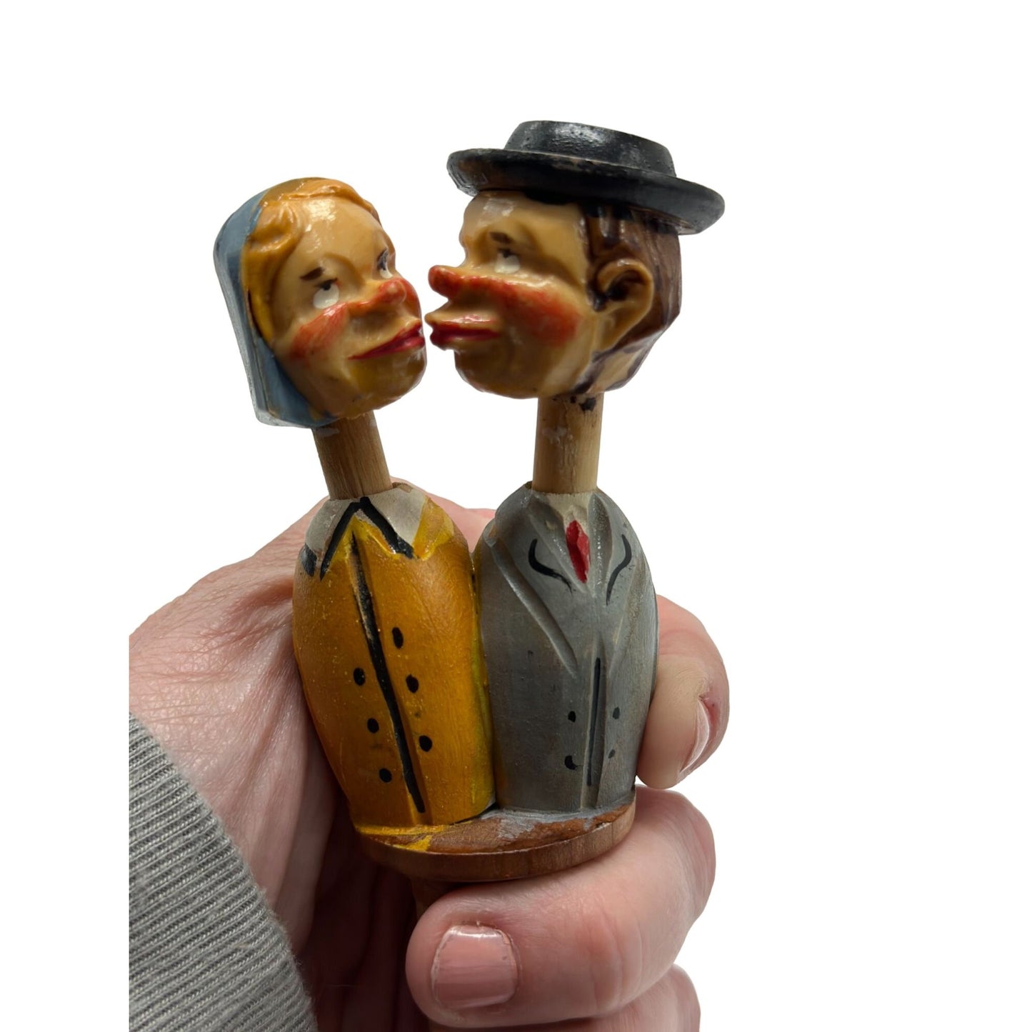 German Bottle Stopper Mechanical Kissing Couple Hand Carved Painted Wood