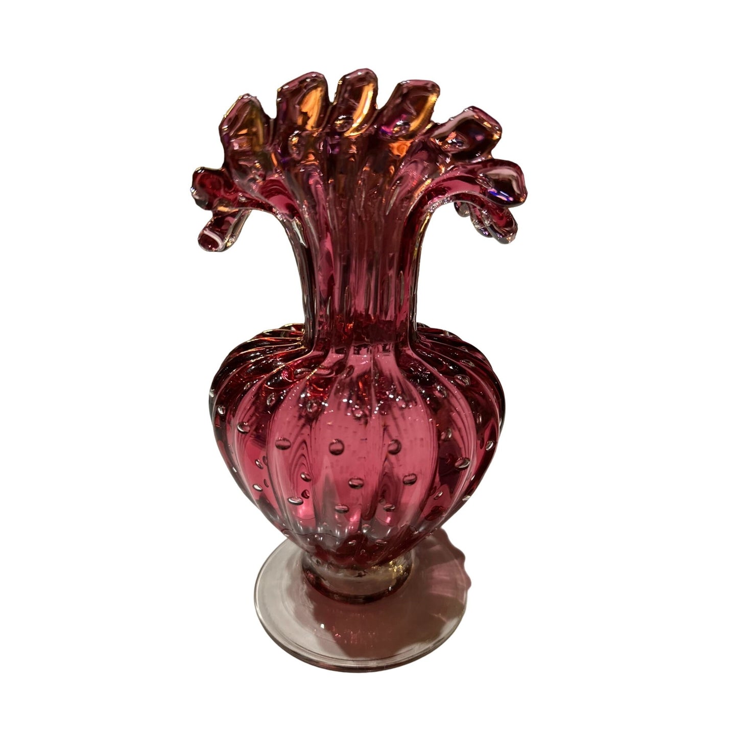 Mid Century Murano Venetian Raspberry Buccilante Glass Ruffle Vase Purple