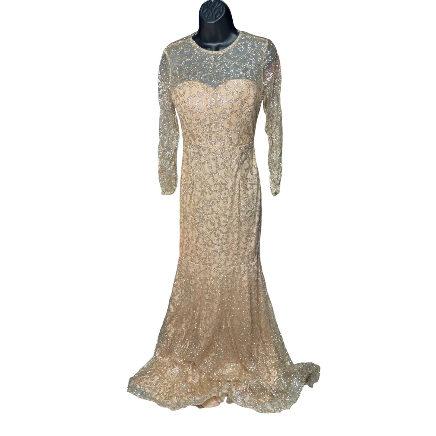 Womens Gold Sequins Mermaid Long Sleeve Formal/ Prom/Beauty Pageant Dress Nude