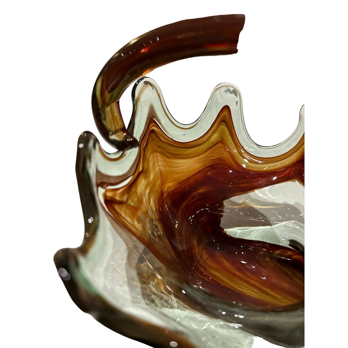 Vintage Handmade Sooner Swirl Art Glass Centerpiece Candy Bowl Clear & Brown