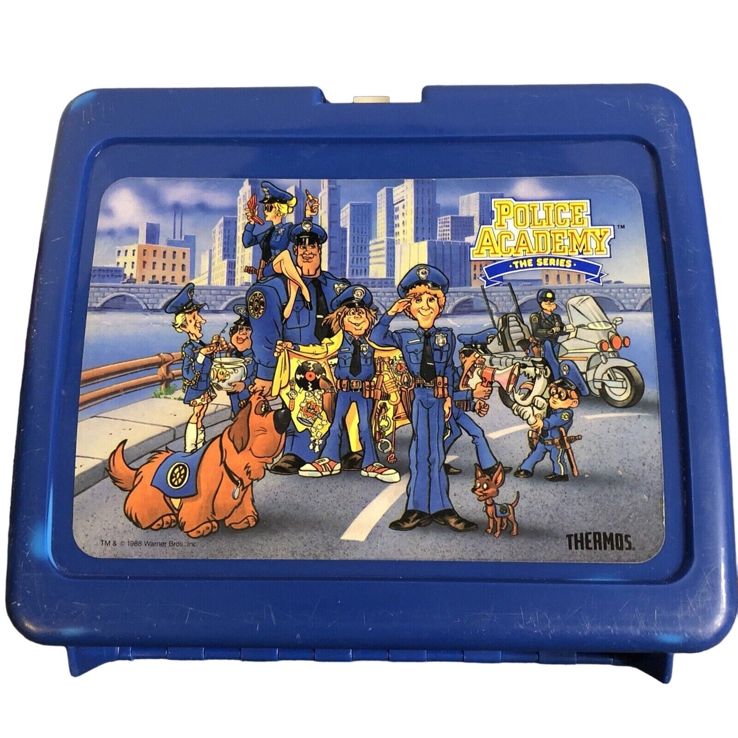 Vintage Thermos Retro 1988 Police Academy Cartoon Lunchbox Blue 8" x 7" x 4"