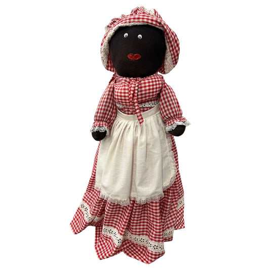 Vintage Handmade Folk Art African American Cloth Rag Doll Black Red White Plaid