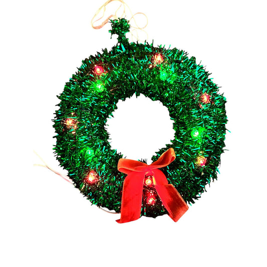 Vintage Light-Up Christmas Wreath With Red Bow & Plug