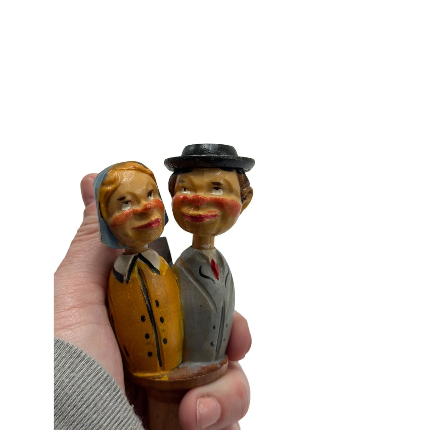 <German Bottle Stopper Mechanical Kissing Couple Hand Carved Painted Wood