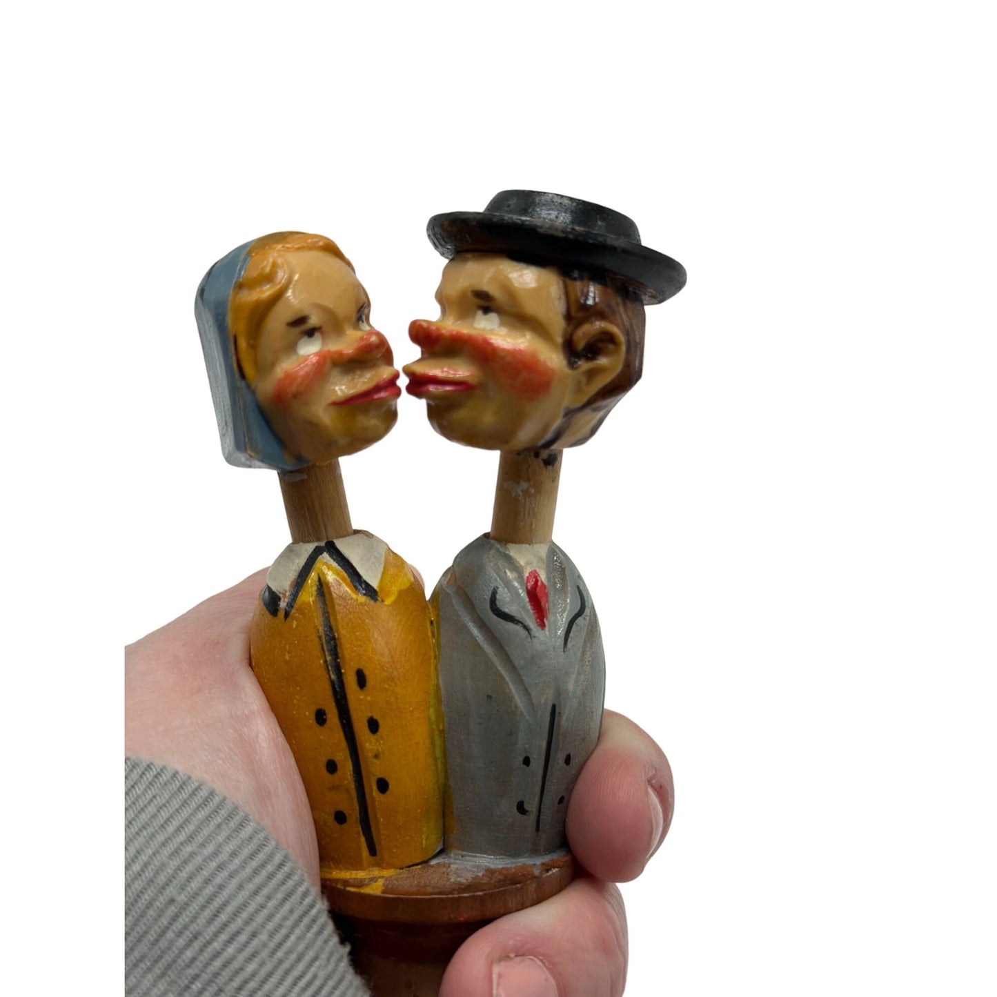 <German Bottle Stopper Mechanical Kissing Couple Hand Carved Painted Wood