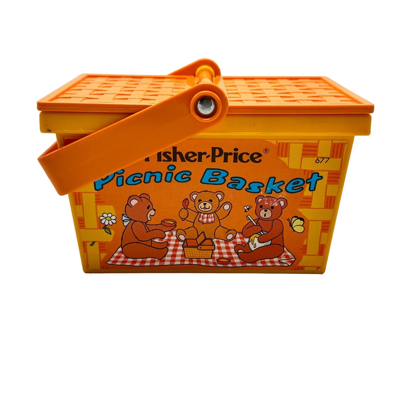 Vintage 1974 Fisher Price #677 Picnic Basket Bears Print Orange & Yellow USA