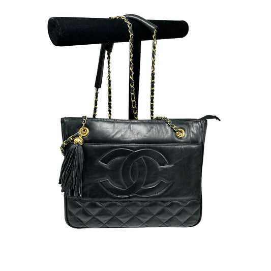 Chanel Womens Black Authentic Gold Chain Leather Shoulder Tote Bag