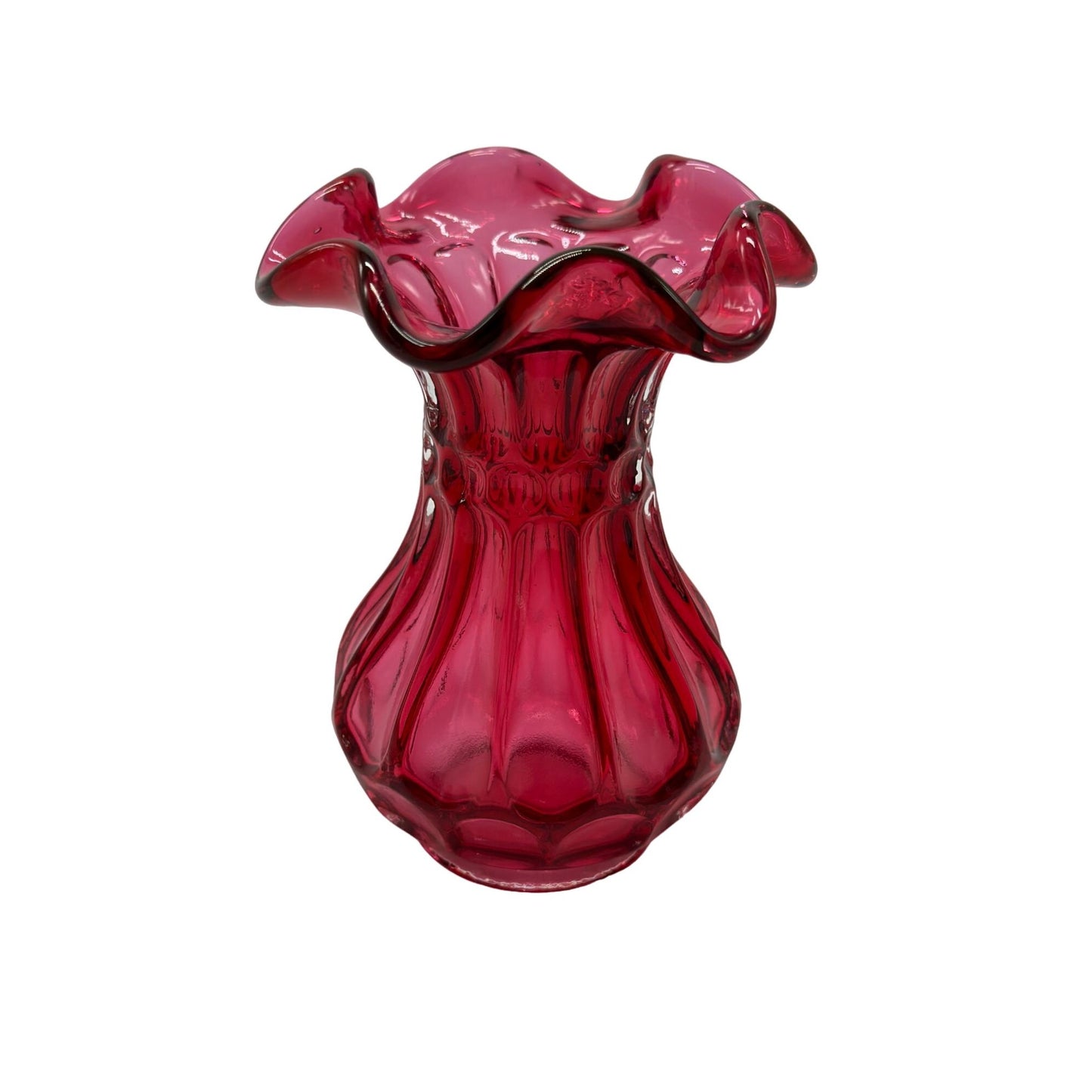 Vintage Fenton Vase Country Cranberry Dot Flute Glass Ruffled Trim 2"W x 5"Tall