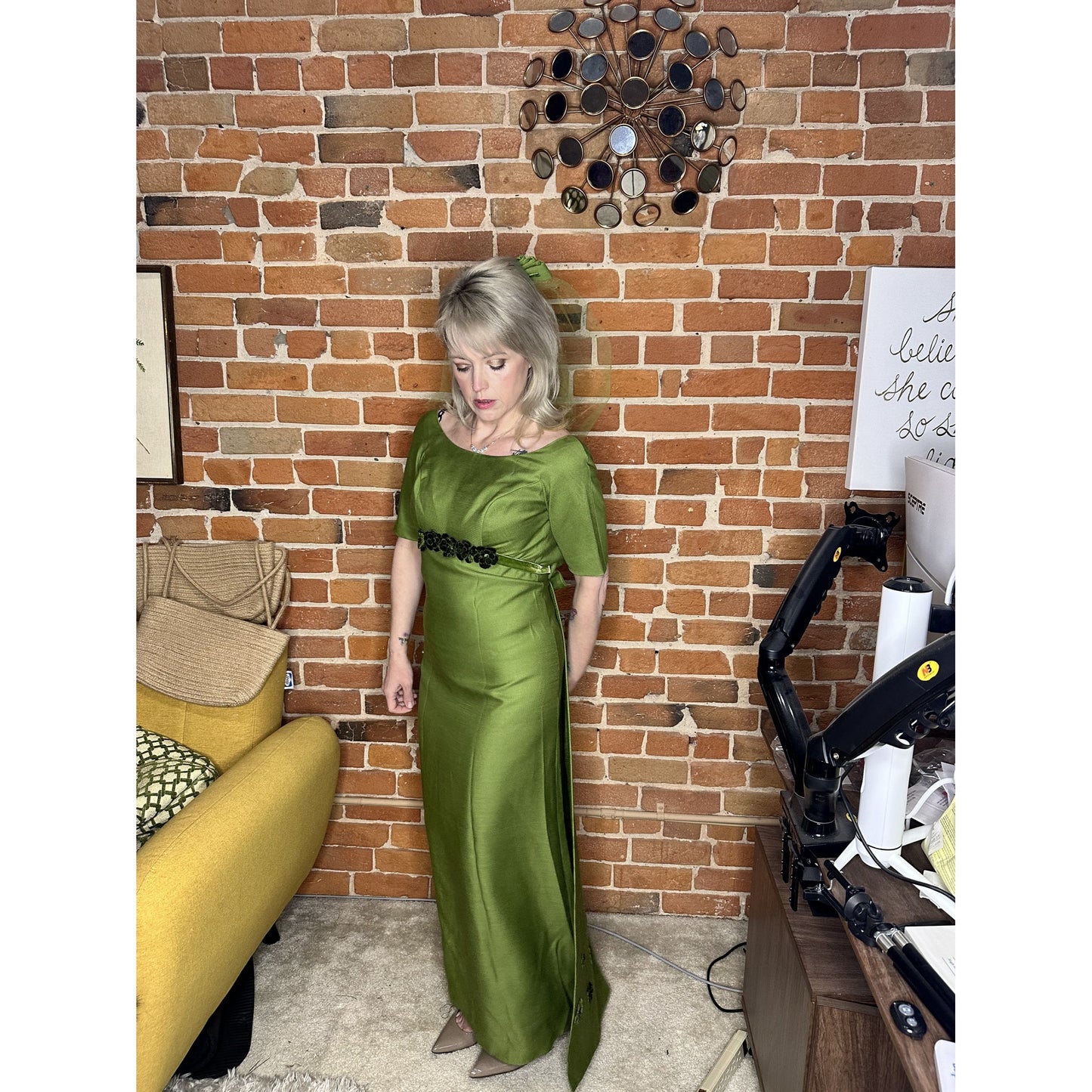 Vintage Green Satin Evening Dress With Floral Design & Matching Veil