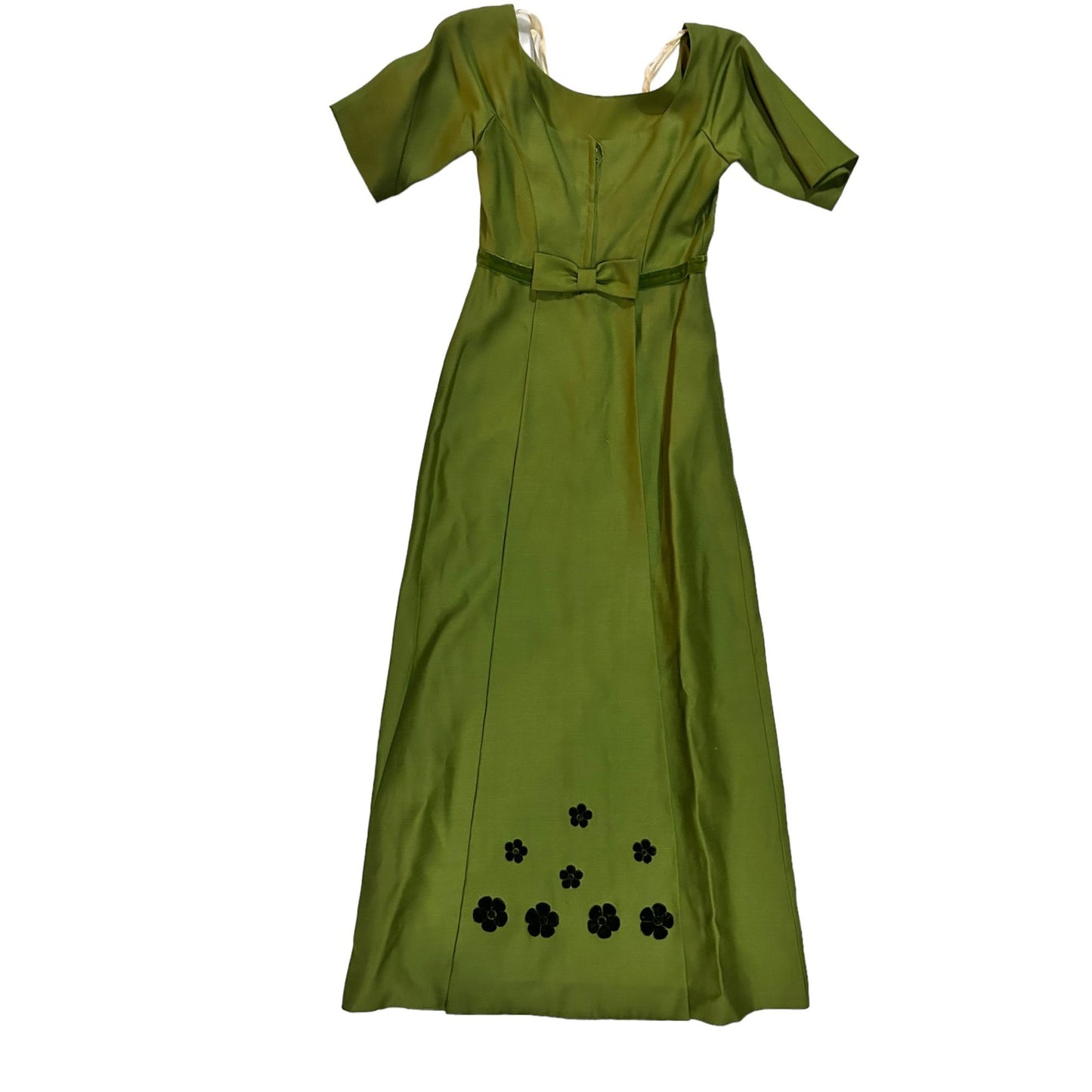 Vintage Green Satin Evening Dress With Floral Design & Matching Veil