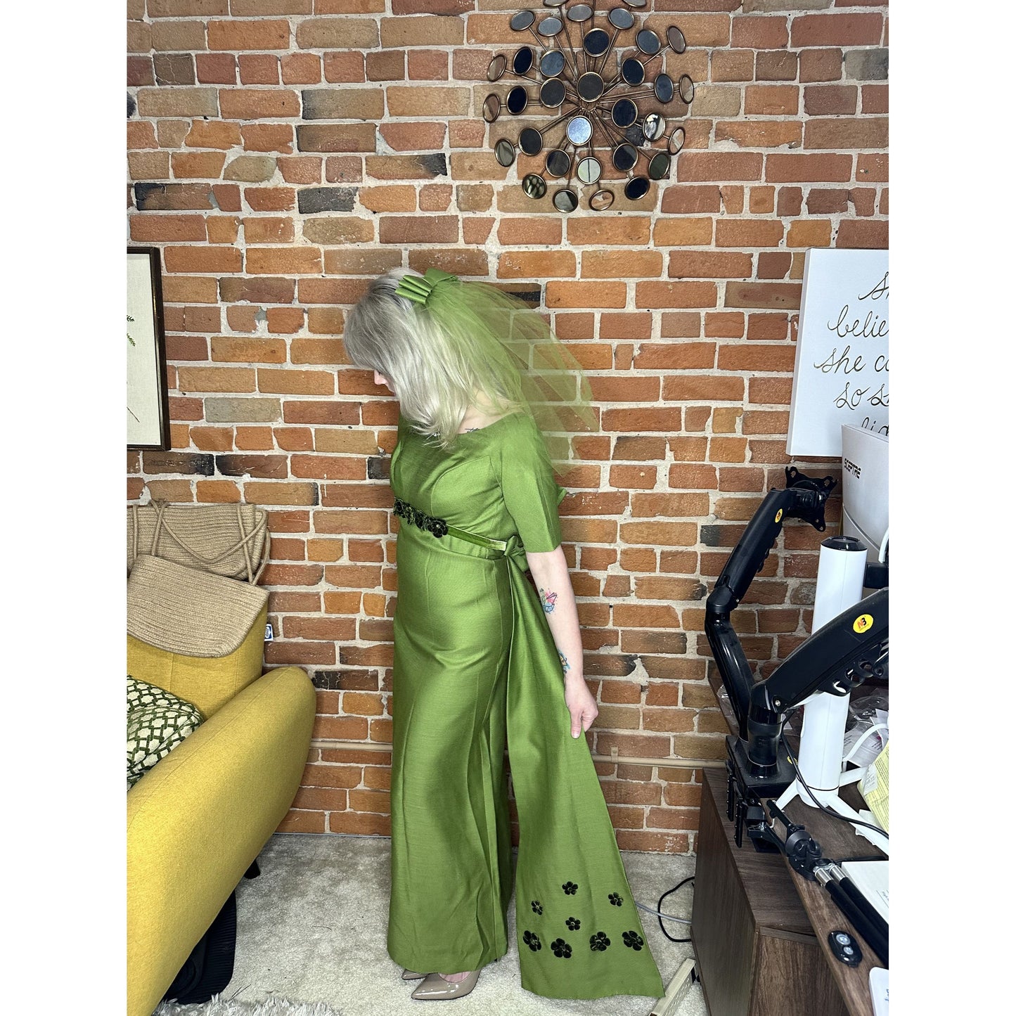 Vintage Green Satin Evening Dress With Floral Design & Matching Veil