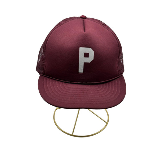 Vintage Mens Maroon Mesh Foam Baseball Trucker P Logo Print Cap 100% Polyester