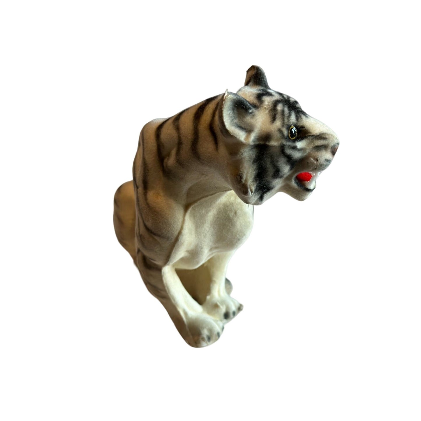 Vintage Flocked White Tiger Figurine Open Mouth Big Cat Rare Collectible