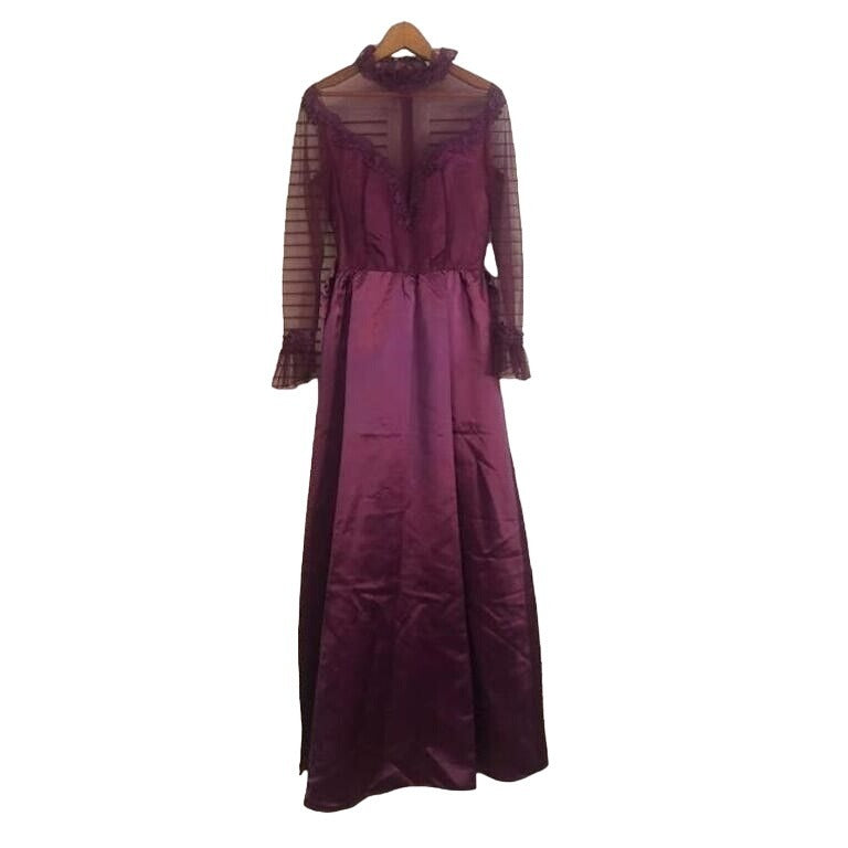 Vintage Womens Purple Silk Dress with Lace Details Neck & Sleeves Size 14