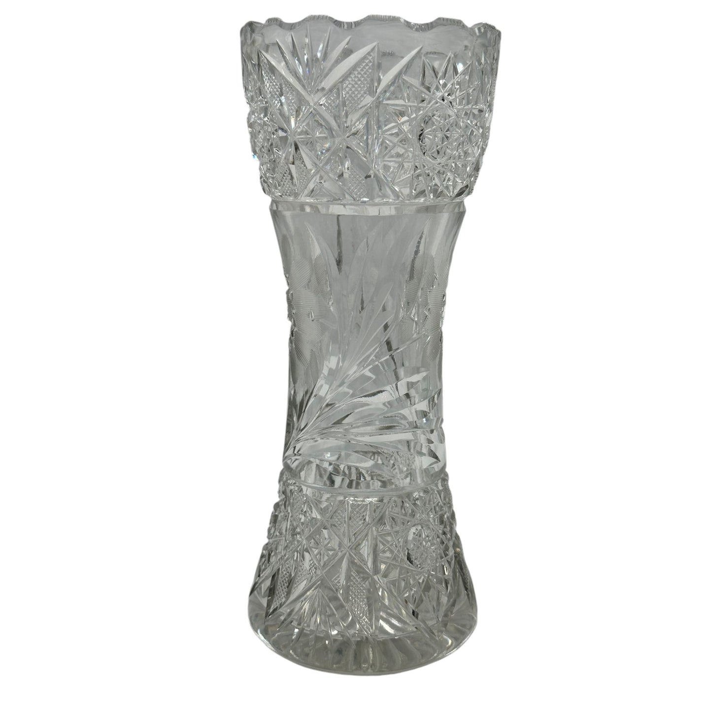 Vintage Crystal Flower Cut Vase 8" Tall With Intricate Star & Floral Design