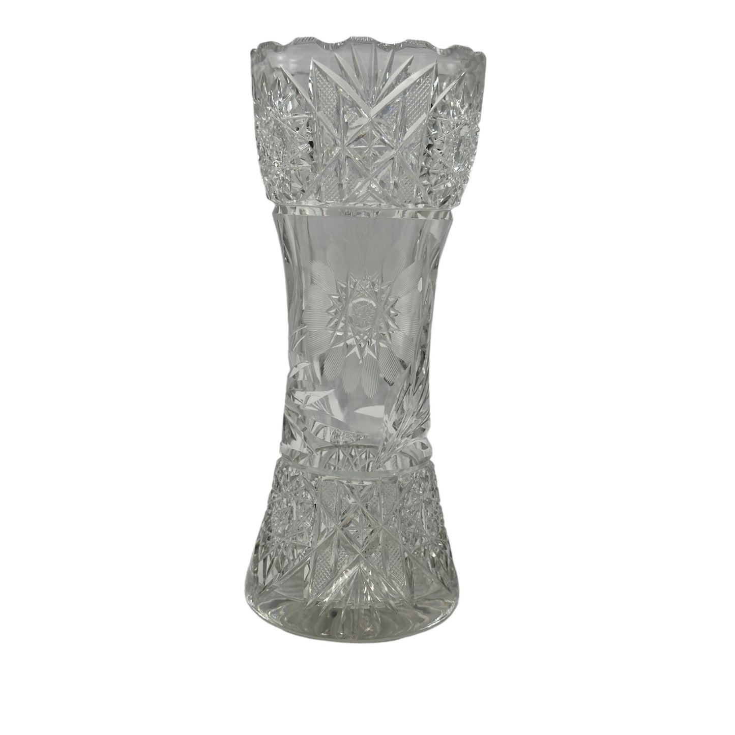 Vintage Crystal Flower Cut Vase 8" Tall With Intricate Star & Floral Design