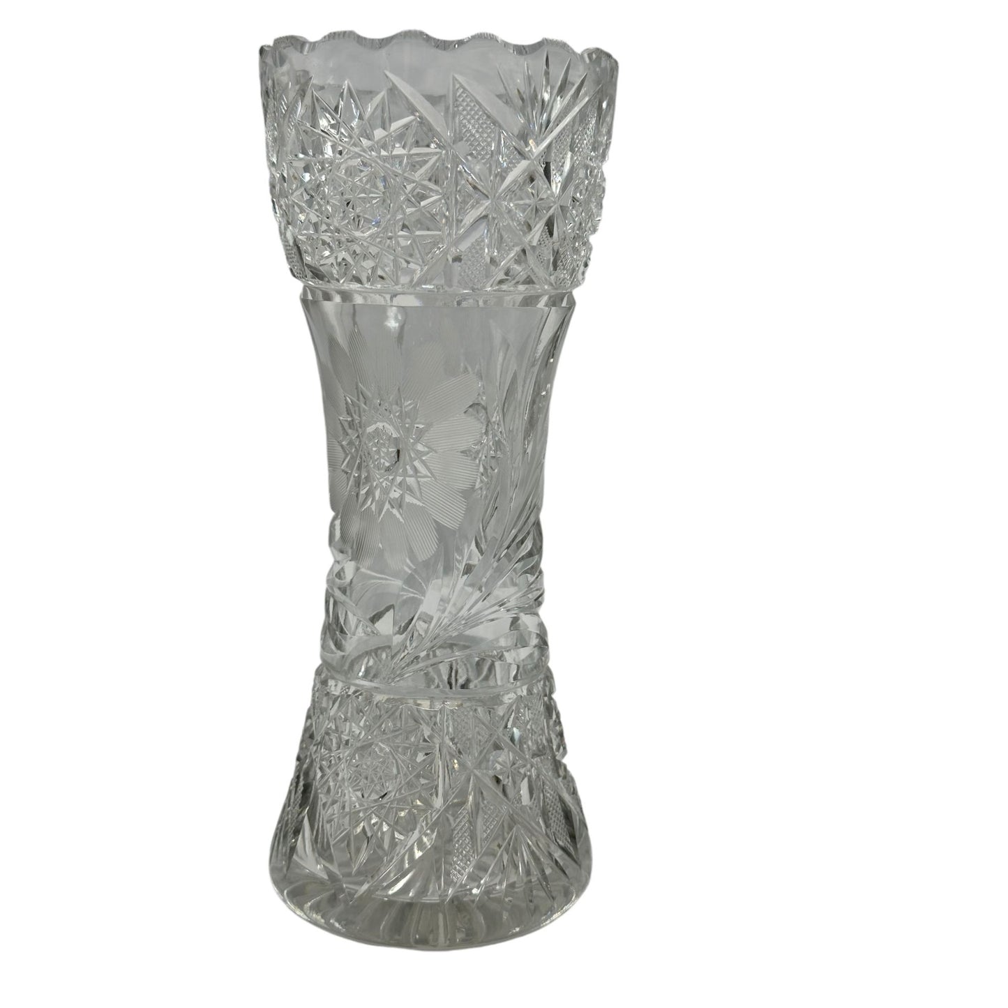 Vintage Crystal Flower Cut Vase 8" Tall With Intricate Star & Floral Design