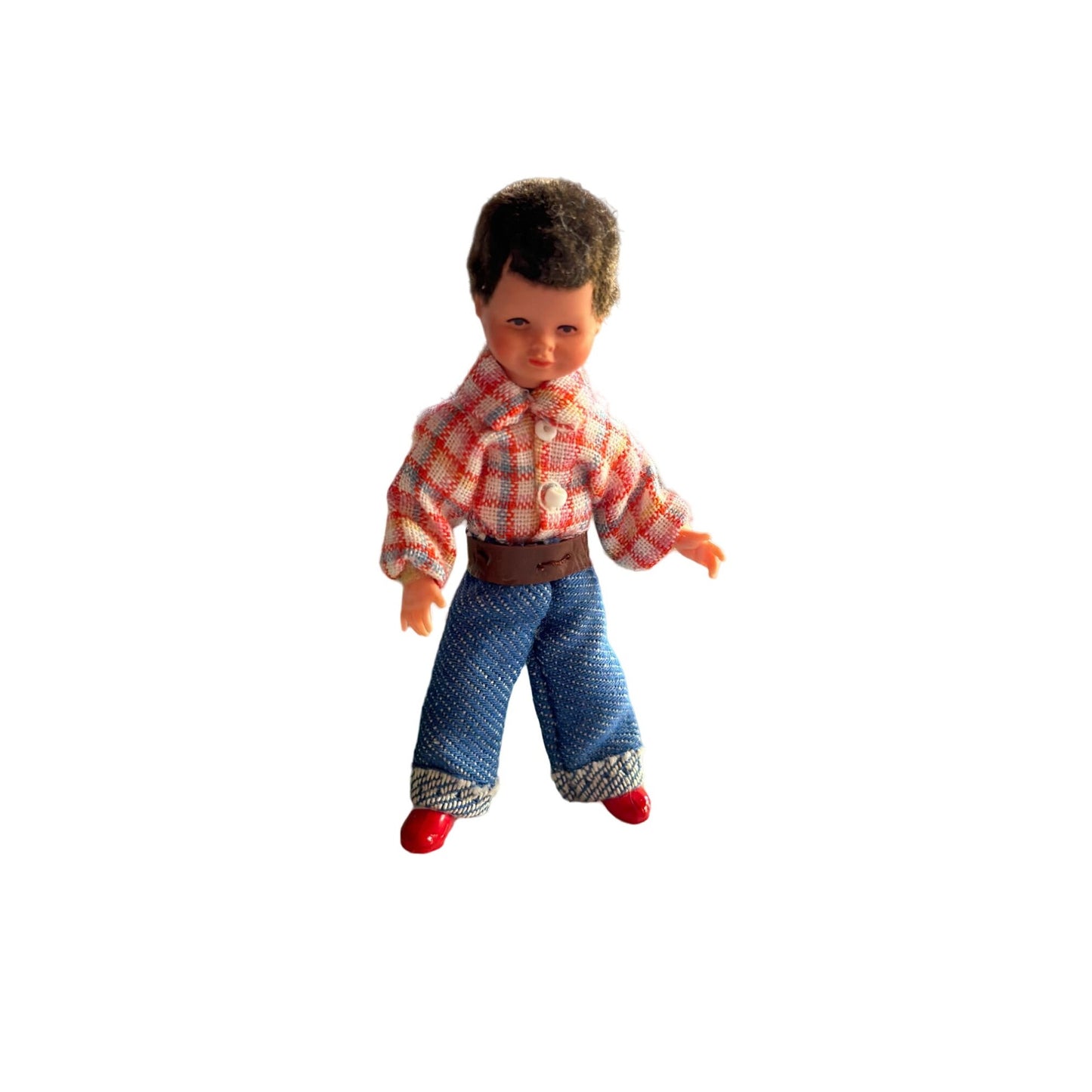 Vintage Caco Beige-Puppchen Young Boy in Long Sleeve Plaid Shirt & Jeans Doll