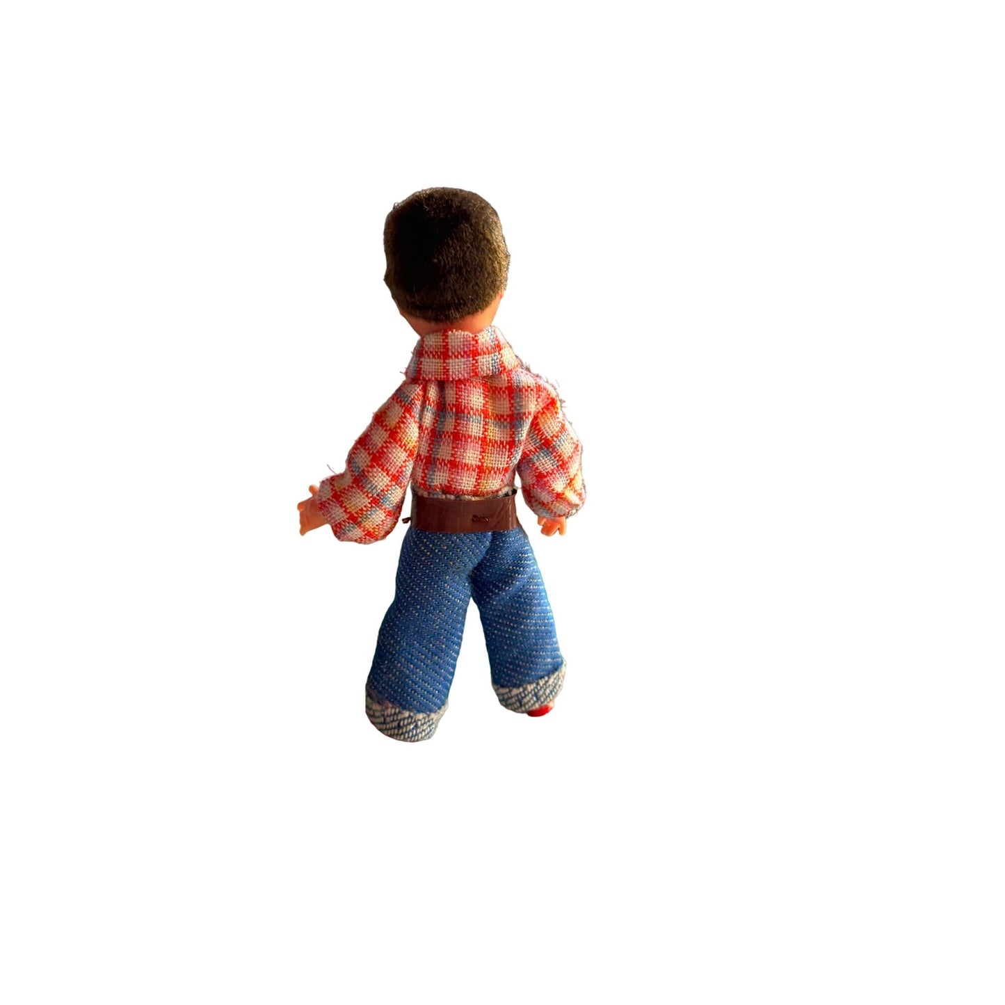 Vintage Caco Beige-Puppchen Young Boy in Long Sleeve Plaid Shirt & Jeans Doll