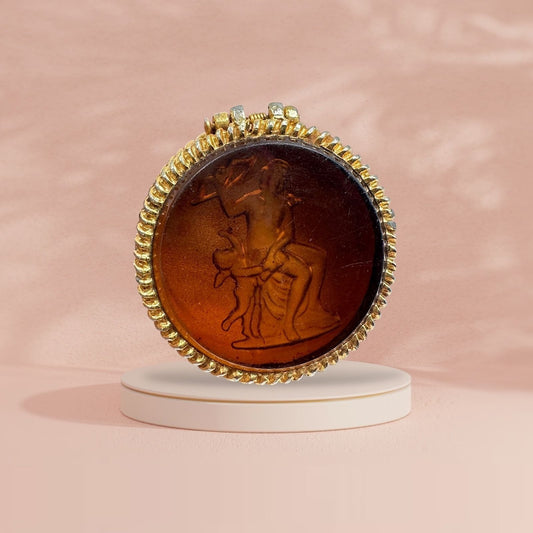 Vintage Diana & Cupid Amber Colored Empty Gold Toned Pill Box