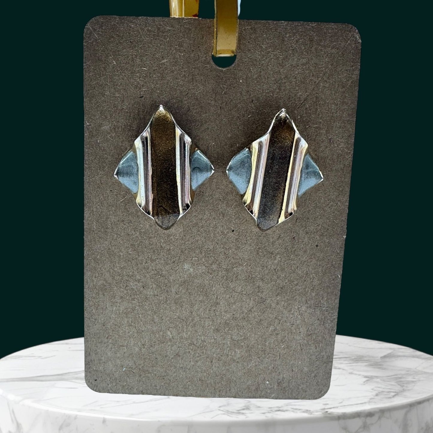 Vintage Geometric Earrings Gold Brown & Silver Accents