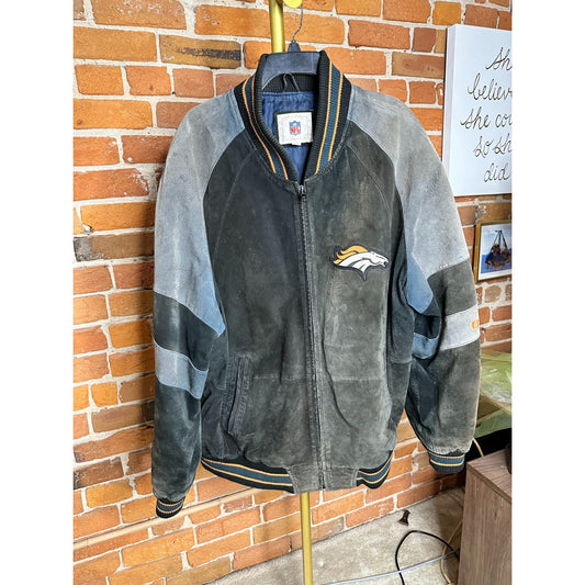 Vintage Denver Broncos NFL Jacket Mens Suede Leather Color Block Embroidered Logos XL