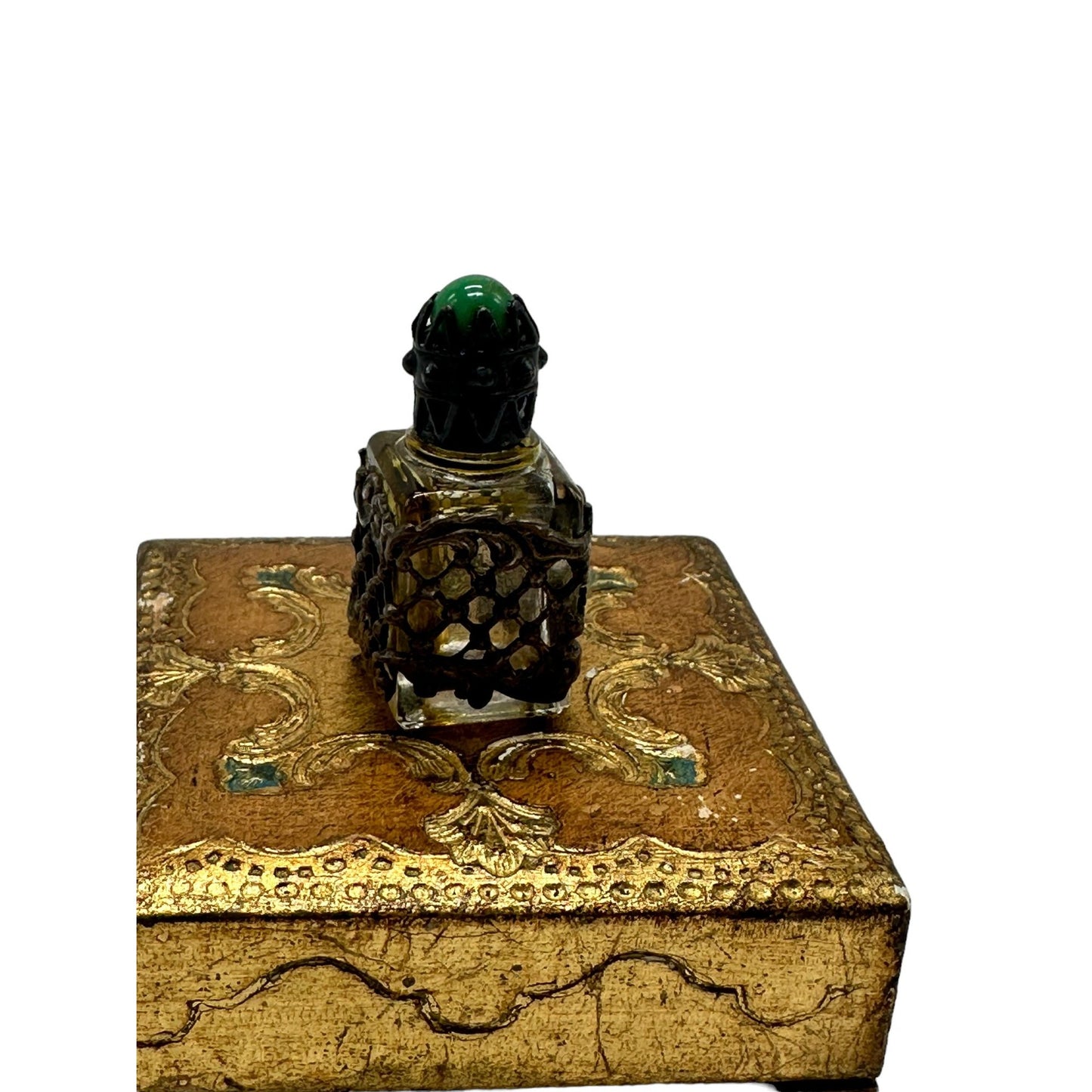 Vintage Gold Wooden Antique Box & Perfume Bottle 2" x 1" Collectible Rare Italy