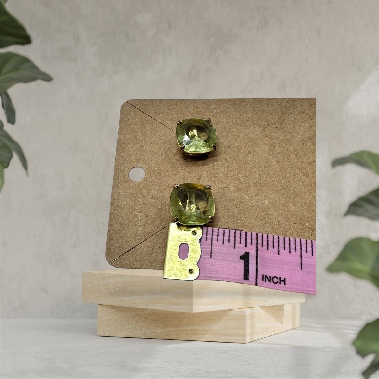 Womens Square Green Gemstone Stud Earrings Gold Tone Backing