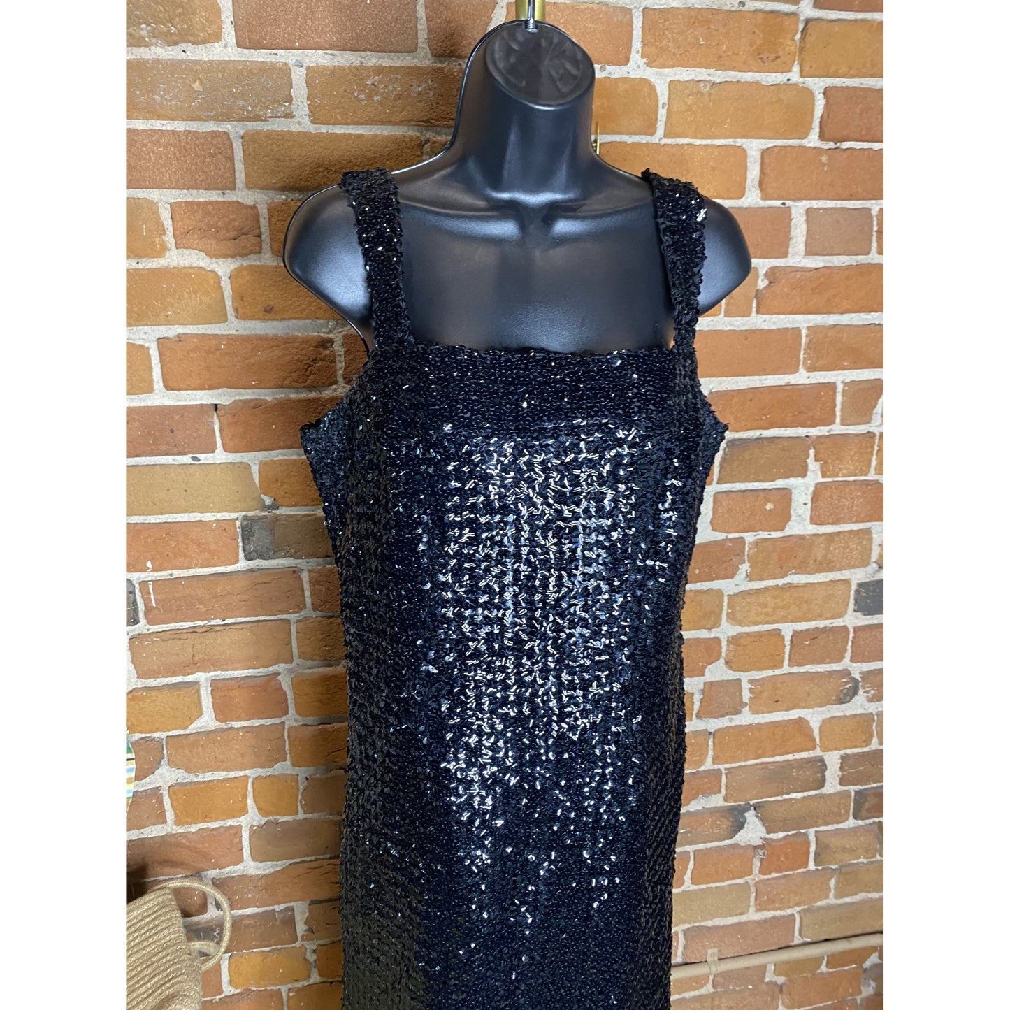 Sequin Little Black Dress With Square Neckline & Zipper Closure Size S-M