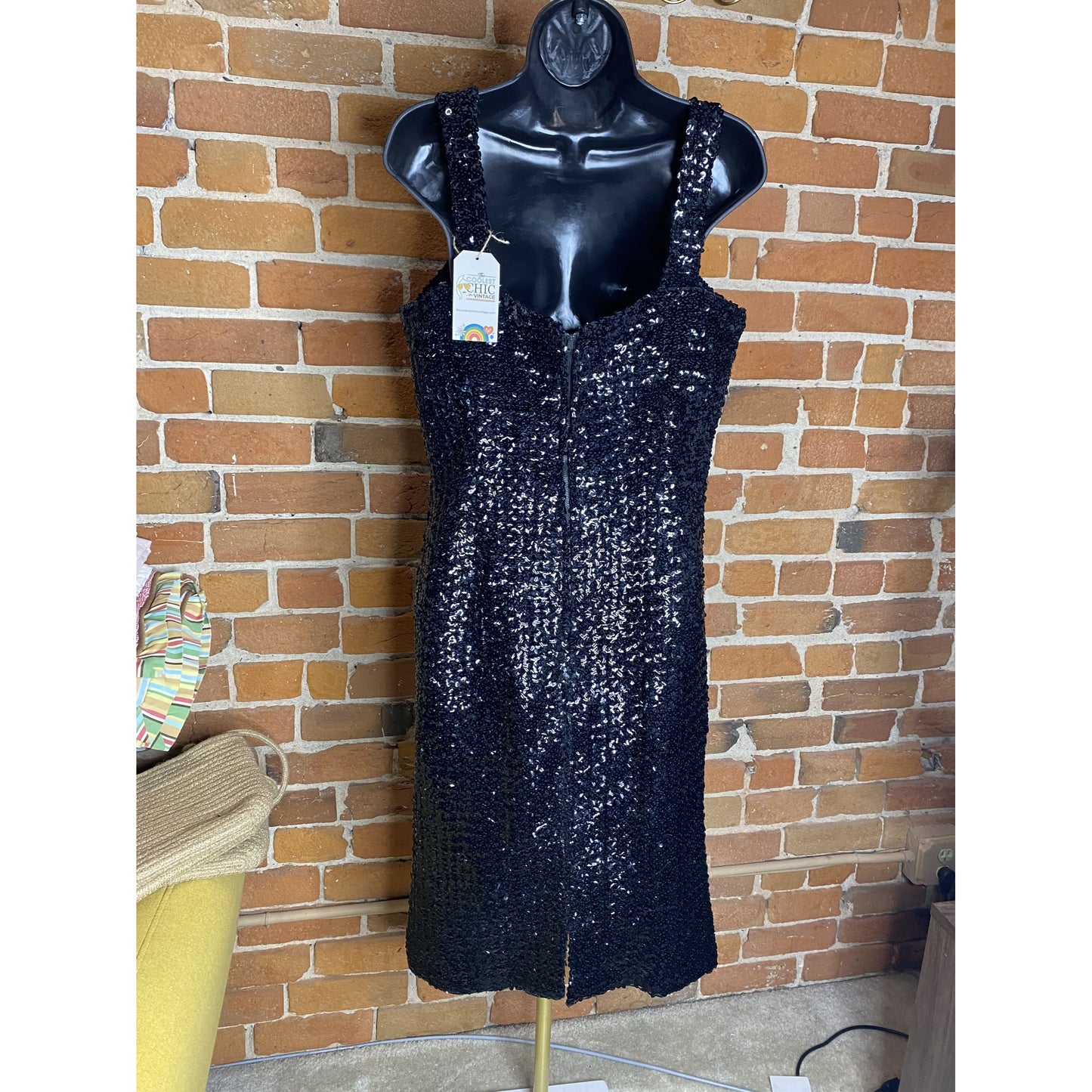 Sequin Little Black Dress With Square Neckline & Zipper Closure Size S-M