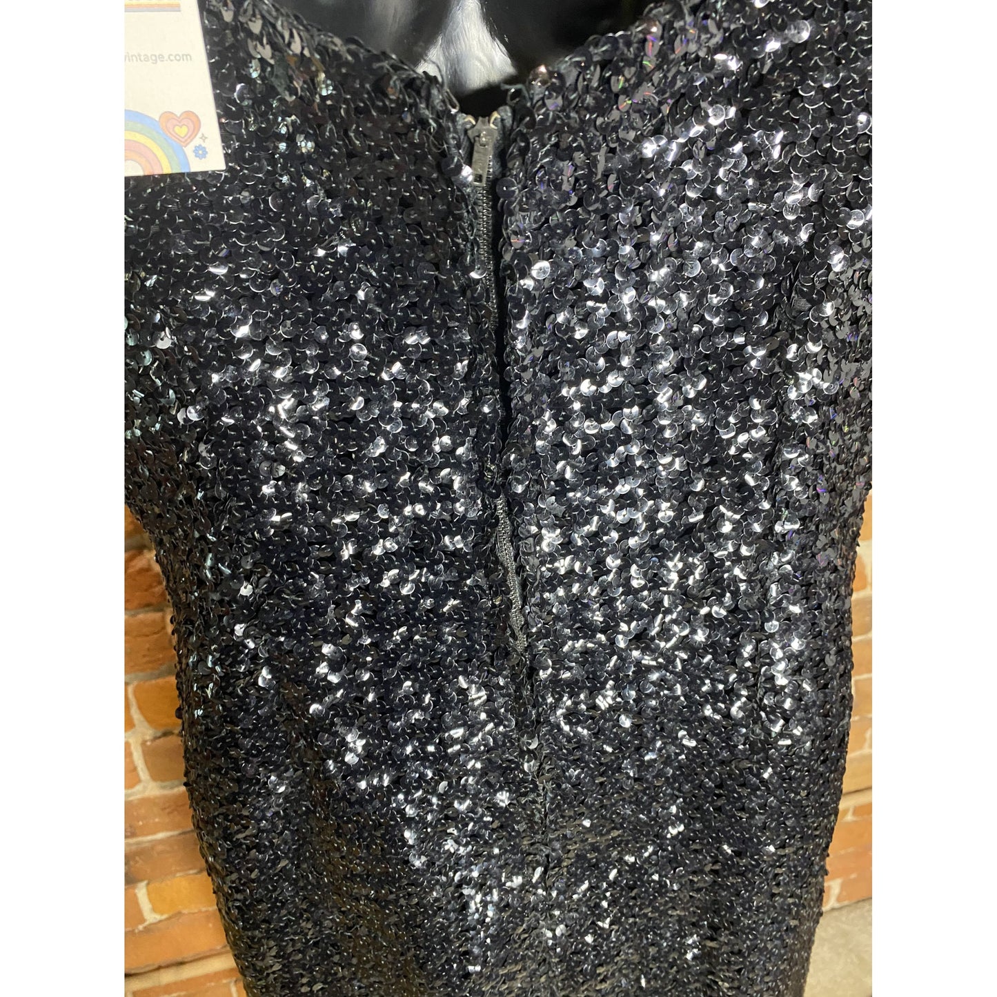 Sequin Little Black Dress With Square Neckline & Zipper Closure Size S-M