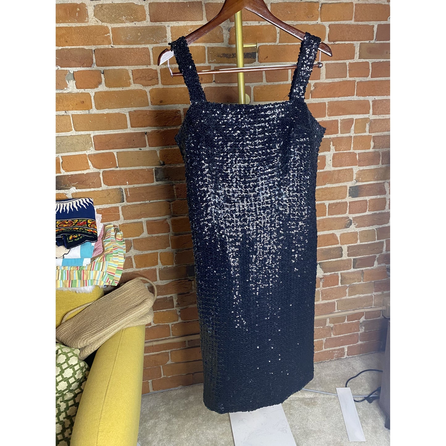 Sequin Little Black Dress With Square Neckline & Zipper Closure Size S-M