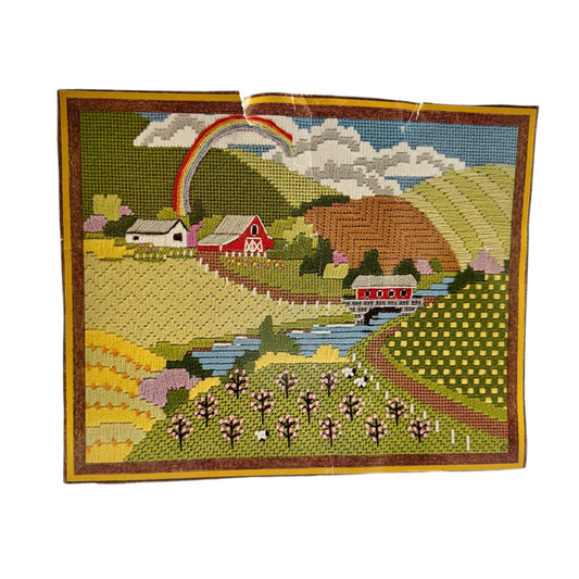 Sunset Needlepoint Springtime Sampler Kit Country Farm Scene with Rainbow Vintage 1987 Design by Sally Shope