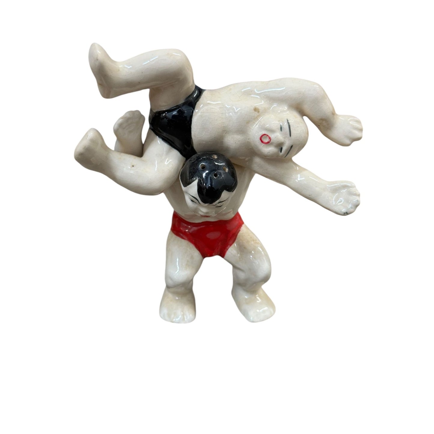 Vintage Ceramic Sumo Wrestler Shaker Playful Wrestling Pose