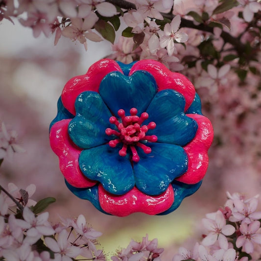 Vintage Enamel Flower Brooch Pin Pink & Blue 3" Diameter