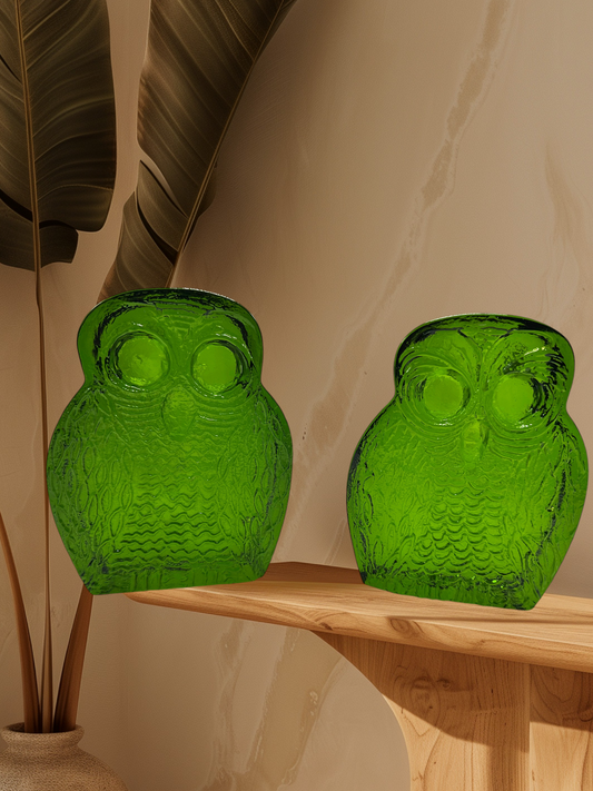 Vintage Retro Blenko Green Glass Owl Bookends Set