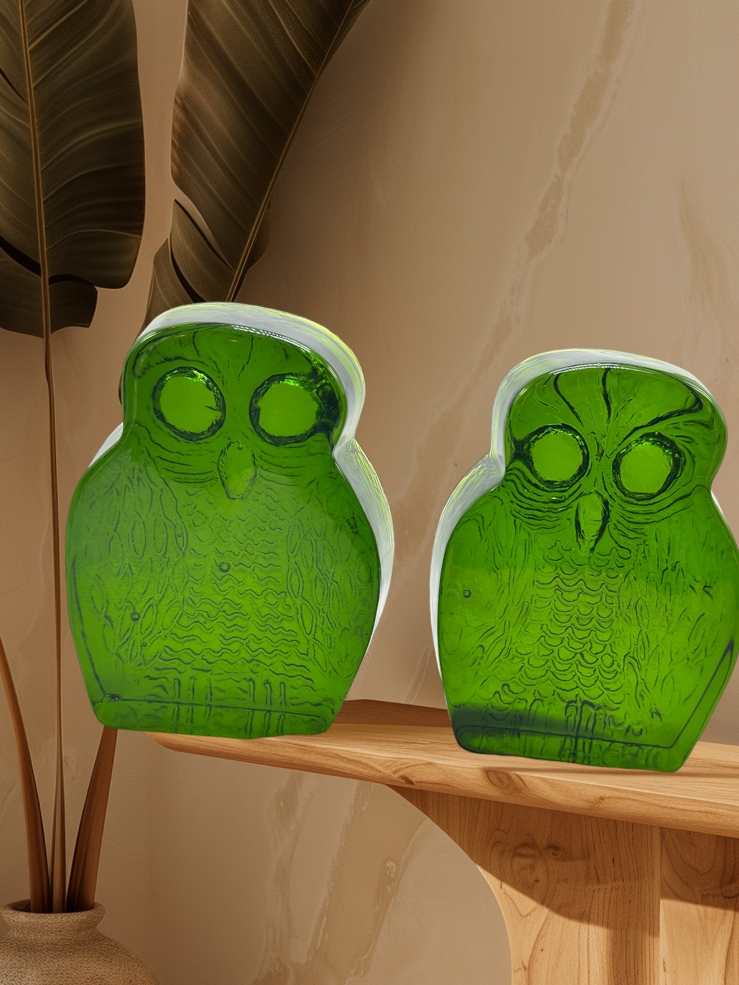 Vintage Retro Blenko Green Glass Owl Bookends Set