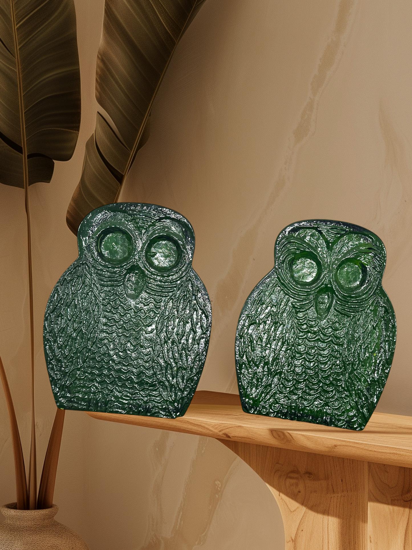 Vintage Retro Blenko Green Glass Owl Bookends Set