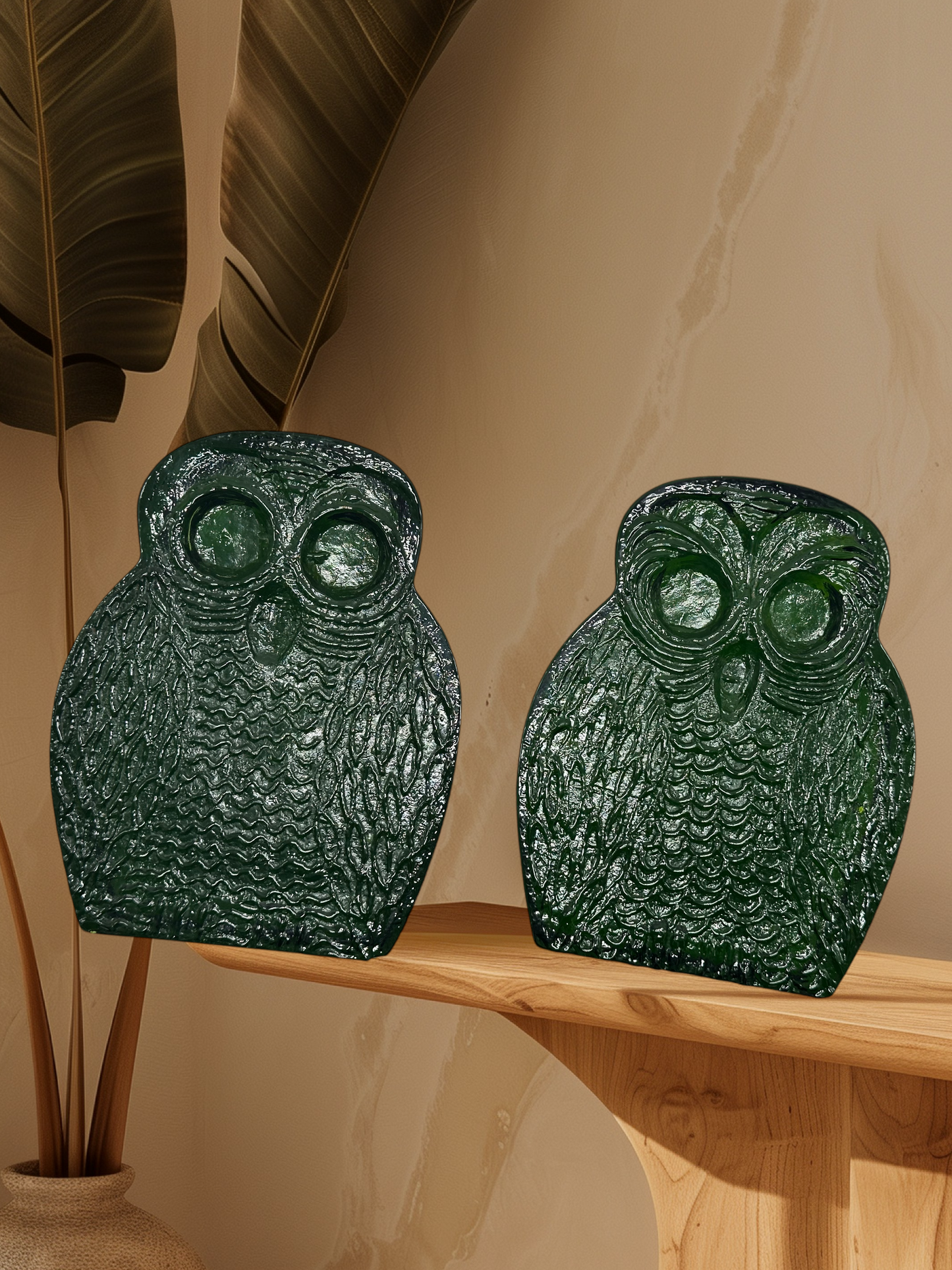 Vintage Retro Blenko Green Glass Owl Bookends Set