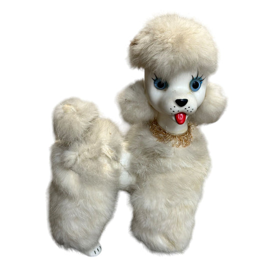 Vintage White Faux Fur Poodle Dog Figurine With Beaded Collar