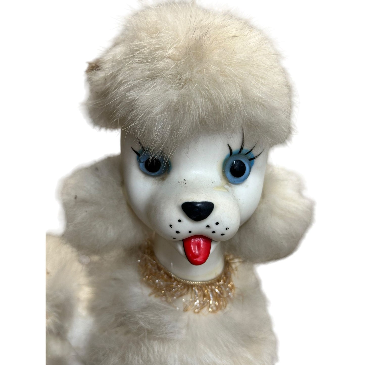 Vintage White Faux Fur Poodle Dog Figurine With Beaded Collar