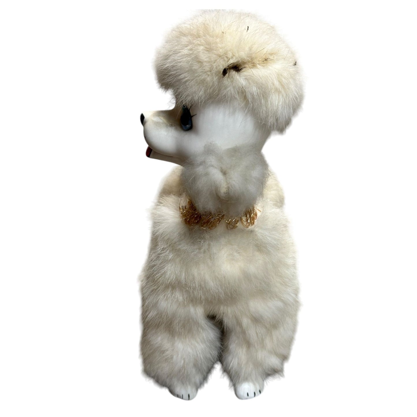 Vintage White Faux Fur Poodle Dog Figurine With Beaded Collar